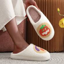 Pantuflas de peluche con estilo vintage, bordado adorable de dulces, galletas, calabaza y fantasma de Halloween, para uso unisex, regalo festivo