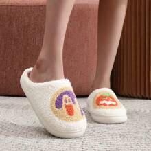 Pantuflas de peluche con estilo vintage, bordado adorable de dulces, galletas, calabaza y fantasma de Halloween, para uso unisex, regalo festivo