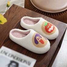Pantuflas de peluche con estilo vintage, bordado adorable de dulces, galletas, calabaza y fantasma de Halloween, para uso unisex, regalo festivo