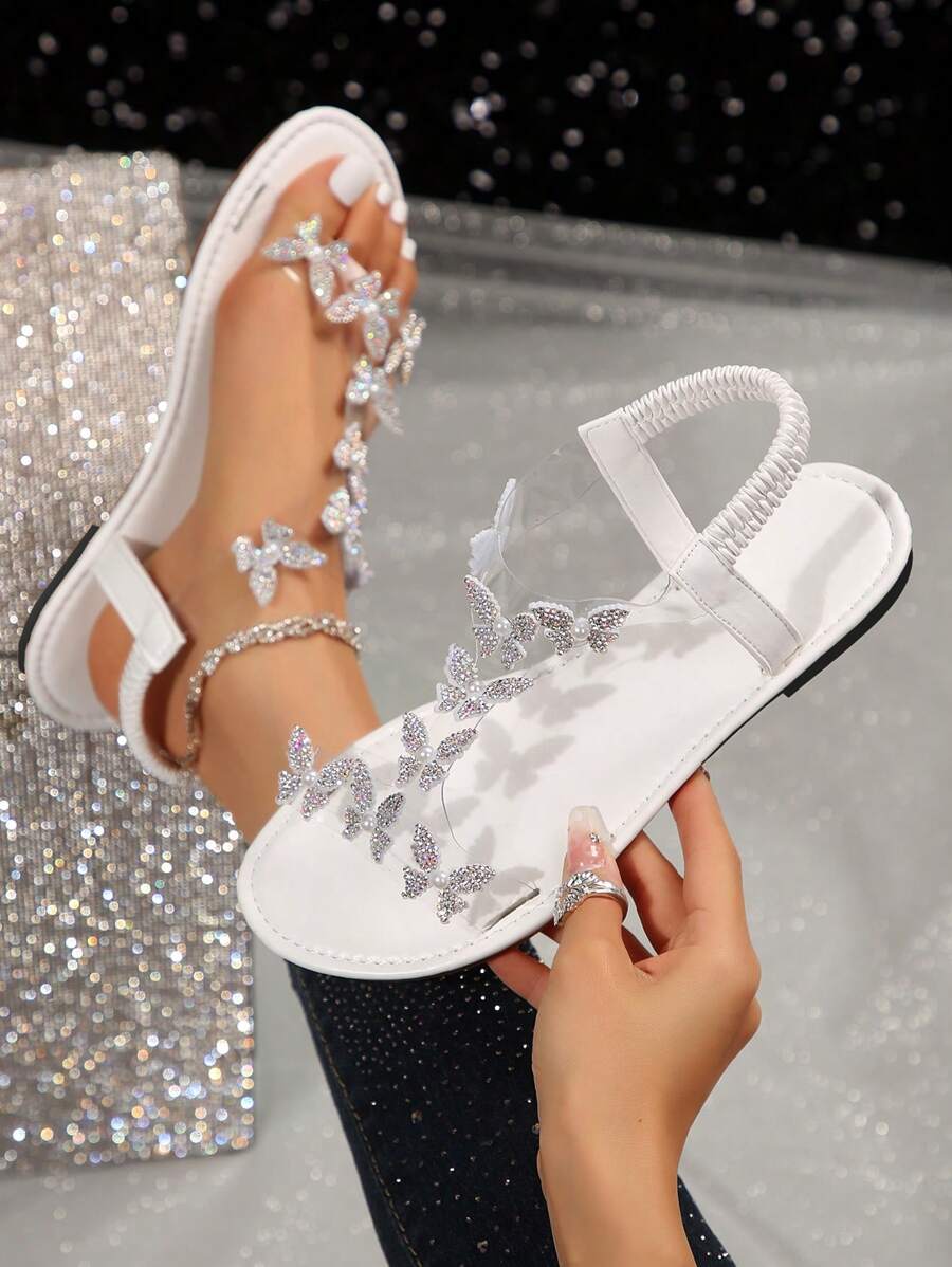 Women's Elegant Butterfly Sandals, Elastic Ankle Strap Lightweight Flat Vacation Shoes, White PVC Summer Beach Shoes - White - View 1