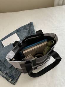 New Color Block Shoulder Bag, Fashion Large Capacity Handbag, Versatile Tote Bag - Grey - View 5