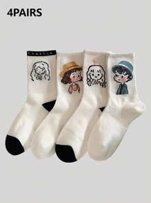 4 双女士长袜韩版时尚卡通可爱中筒袜女款秋冬款 - 彩色 - 查看 1