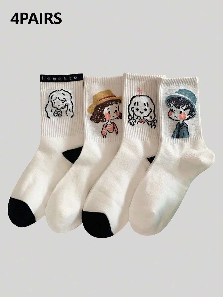 4 双女士长袜韩版时尚卡通可爱中筒袜女款秋冬款 - 彩色 - 查看 1