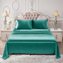 Satin Bed Sheets 10 Colors Faux Silk Shet Set Cooling Soft Sheet With Deep Pocket Fitted Sheet Pillow Cover - 綠松石 - 查看 9