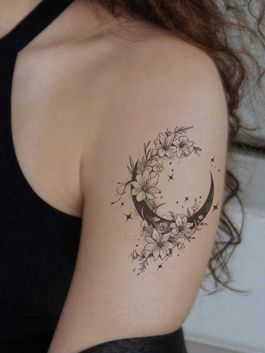1pc Floral Moon Temporary Tattoo Sticker, Waterproof & Sweat-Proof, Lasts 1-2 Weeks, Realistic Herbal Juice Effect, Semi-Permanent, Non-Reflective, Friction-Resistant, Black Faux Tattoo Sticker, Unisex, Suitable For Arms, Chest, Waist, Back, Abdomen, Neck, Hands, Legs, Modernist Body Art - Black - View 1