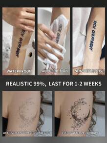 1pc Floral Moon Temporary Tattoo Sticker, Waterproof & Sweat-Proof, Lasts 1-2 Weeks, Realistic Herbal Juice Effect, Semi-Permanent, Non-Reflective, Friction-Resistant, Black Faux Tattoo Sticker, Unisex, Suitable For Arms, Chest, Waist, Back, Abdomen, Neck, Hands, Legs, Modernist Body Art - Black - View 4