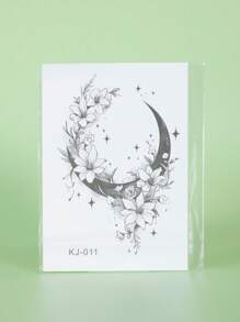 1pc Floral Moon Temporary Tattoo Sticker, Waterproof & Sweat-Proof, Lasts 1-2 Weeks, Realistic Herbal Juice Effect, Semi-Permanent, Non-Reflective, Friction-Resistant, Black Faux Tattoo Sticker, Unisex, Suitable For Arms, Chest, Waist, Back, Abdomen, Neck, Hands, Legs, Modernist Body Art - Black - View 6