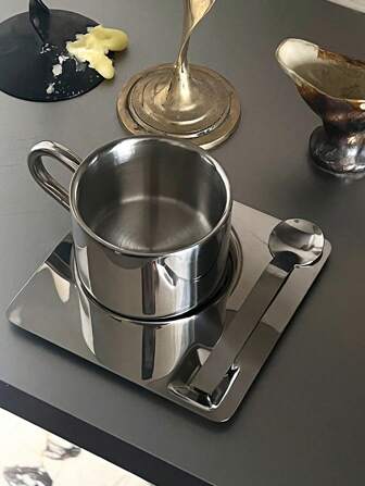 1 st kaffekopp och fat i rostfritt stål, dubbelskiktad isolerad lattekopp Tillbaka till skolan