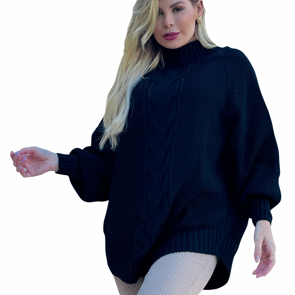 Women's Poncho Blouse Long Sleeve Knit Poncho Turtleneck