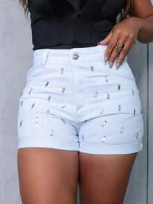 White Women's Jeans Shorts With Glitter And Rhinestone Applications - trắng - Xem 3