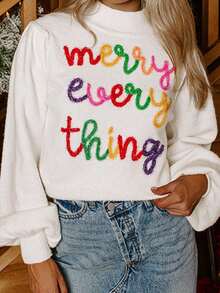 Women's Colorful Sequin Happy Everything Pattern Turtleneck Sweater - White - View 3