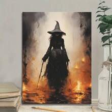 1 Pc Wooden Framed Halloween Wall Art Canvas Posters Set, Vertical Art Deco Witch & Pumpkin Party Decor, Oblong Shape Spooky Ghost Bat Night Sc, Birthday Party Decor, Home Living Room Office Wall Decor, Perfect Gift