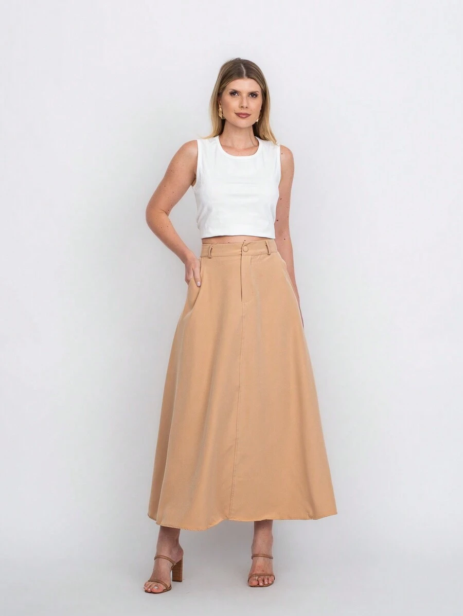 Tailored Skirt With Belt Loops (Without Belt) Code:3010 - Beige - View 1