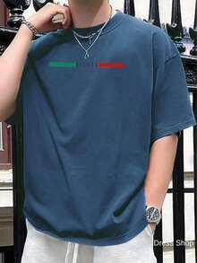 Men's T-Shirt ITALIA Red And Green 100% Cotton Shirt Regular Shirt - 藏蓝色 - 查看 1