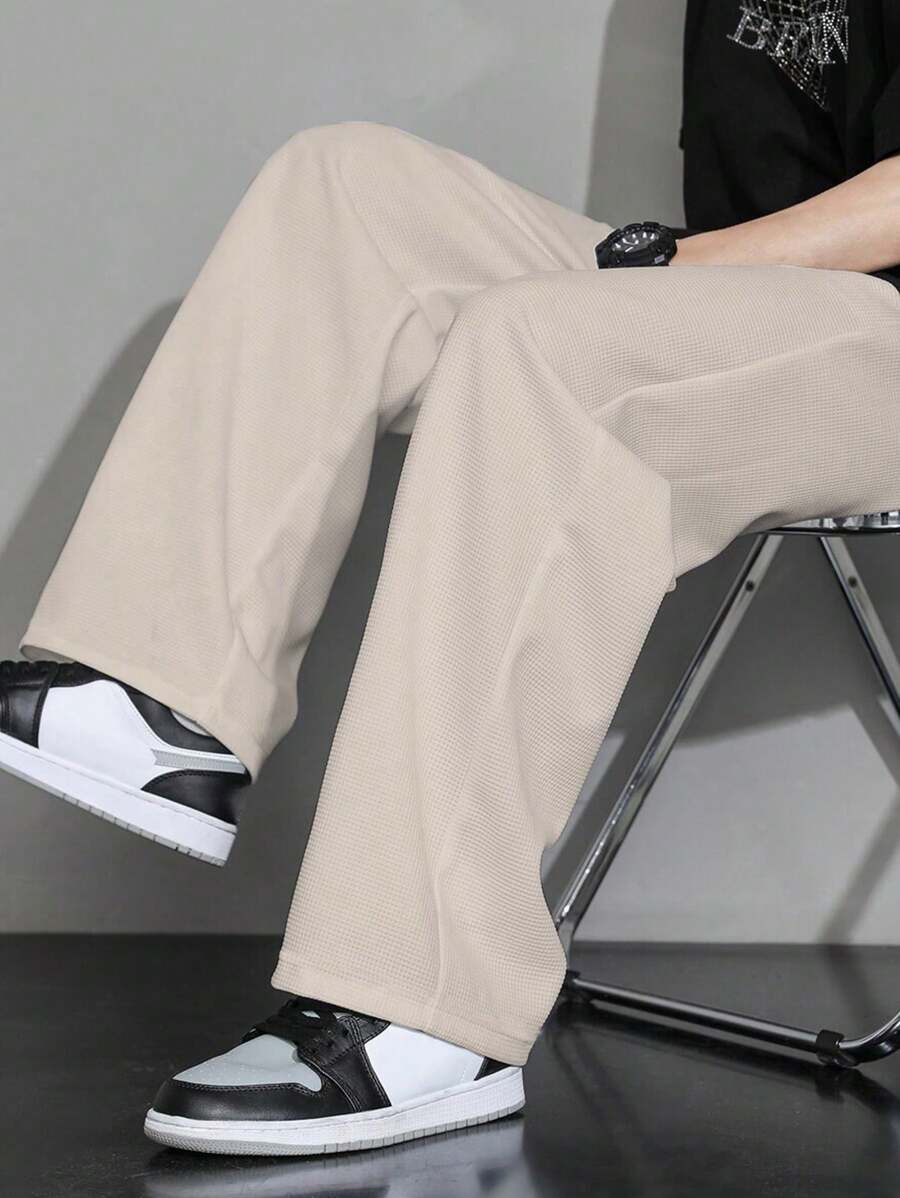 1pc Tween Boys Casual Waffle Straight Leg Pants, Sporty Outdoor School Style, Spring/Autumn - Apricot - View 1