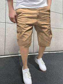 1 件青少年男孩休闲宽松工装短裤，多口袋，运动，户外，春夏 - 卡其色 - 查看 1