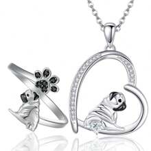 2Pcs/Set Cute Pug Dog Paw Open Ring Necklace Jewelry Set Exquisite Women Cartoon Puppy Memorial Accessories Cute Girls Daily Decoration Dog Lovers Holiday Birthday Gift - 哈巴狗 - 查看 12