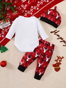 Baby Boy Christmas Holiday Gentleman Style Deer Print Bodysuit With Brace, Plaid Allover Deer Print Pants And Hat Set, Fall/Winter - White - View 2