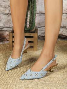 Sandalias de tacón bajo de punta fina para mujeres, Top de tela con adornos de lentejuelas, zapatos de moda para fiestas y citas - Celeste - Ver 3