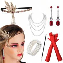 1920 年代女士婚礼派对化妆舞会头饰耳环仿珍珠手链长仿珍珠项链发带复古优雅性感高端 6 件套，适合万圣节派对 - 紅色 - 查看 1
