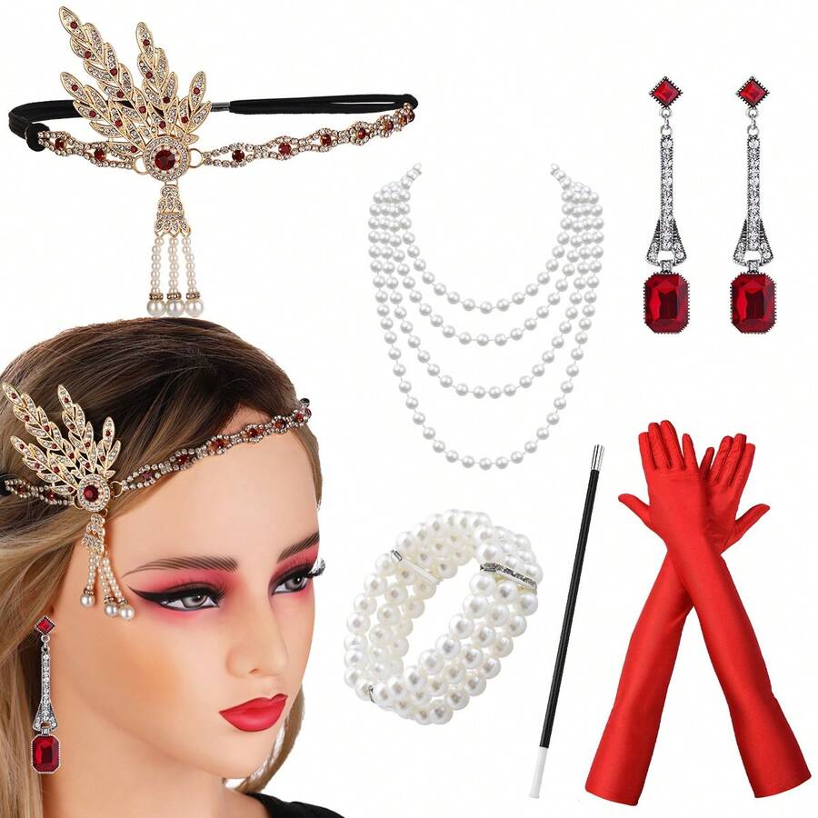 1920 年代女士婚礼派对化妆舞会头饰耳环仿珍珠手链长仿珍珠项链发带复古优雅性感高端 6 件套，适合万圣节派对 - 紅色 - 查看 1