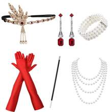 1920 年代女士婚礼派对化妆舞会头饰耳环仿珍珠手链长仿珍珠项链发带复古优雅性感高端 6 件套，适合万圣节派对 - 紅色 - 查看 2