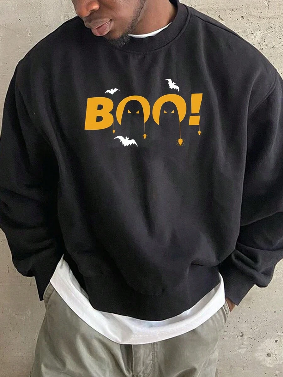 Men's Pullover Sweatshirt, Theme Cartoon Ghost & Bat Print Design, Casual Loose Fit Crew Neck Long Sleeve, Suitable For Autumn And Winter - Black - View 1