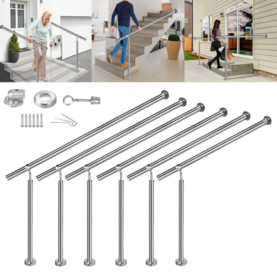 VA-Cerulean Stainless Steel Entrance Railing 80cm/100cm/120cm/150cm/180cm/200cm Stair Railing Handrail Railing For Indoor Outdoor Stairs Wall Handrail With 1 Post - Silver - View 1