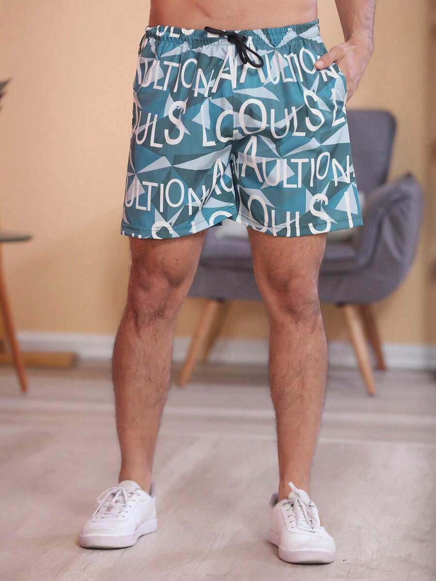 Elastane Shorts With Pocket For Men's Beach With Colorful Prints, Fashion Swimming Pool, Quick Drying, Gym Training - 藍色 - 查看 1