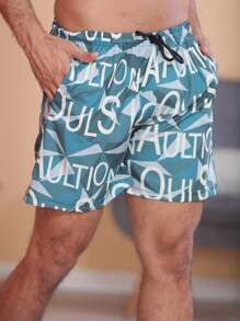 Elastane Shorts With Pocket For Men's Beach With Colorful Prints, Fashion Swimming Pool, Quick Drying, Gym Training - 藍色 - 查看 5