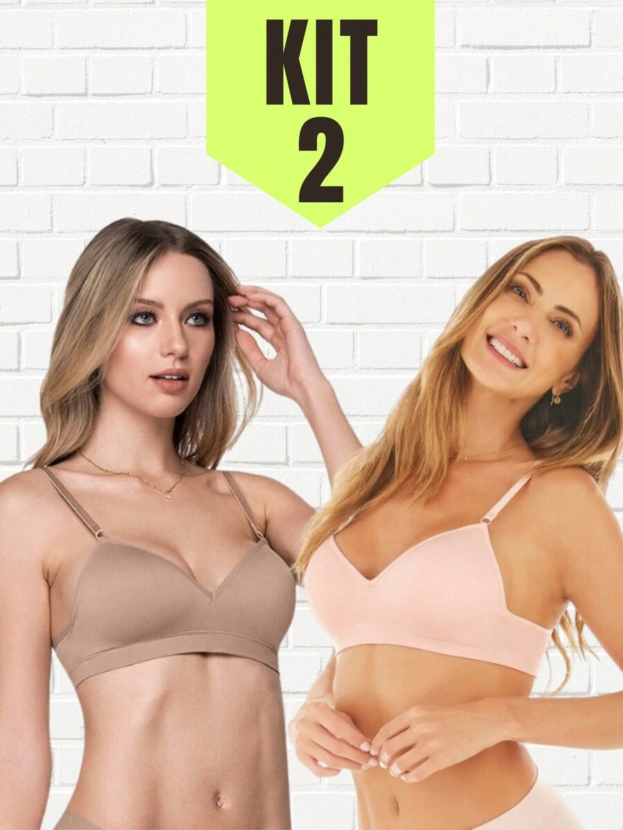 Kit 2 - Wire-Free Adjustable Thin Strap Fixed Cup Bra - 米色 - 查看 1