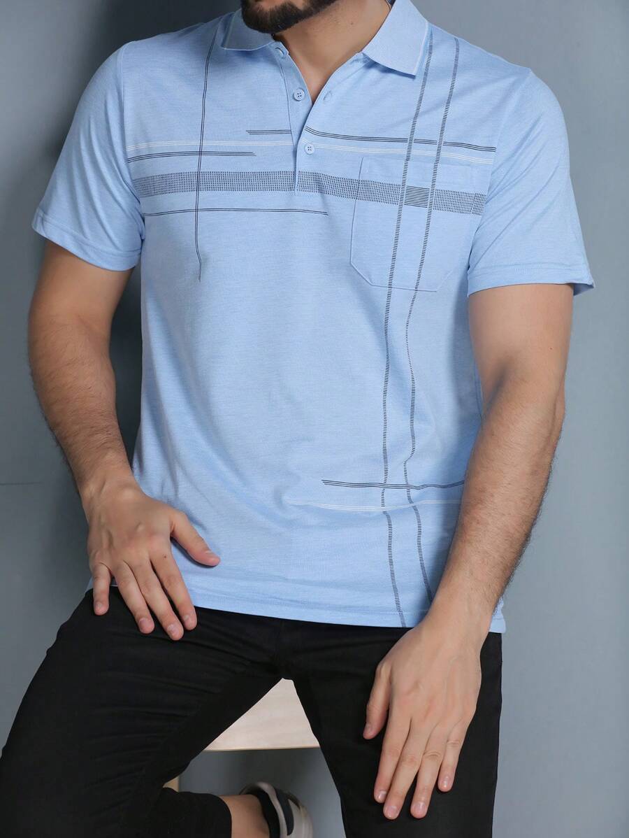 Men's Polo Shirt Summer 2024 With Button And Elastic 5 Colors - 藍色 - 查看 1