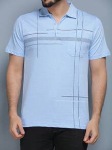 Men's Polo Shirt Summer 2024 With Button And Elastic 5 Colors - 藍色 - 查看 2