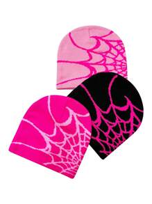 3pcs/Set Casual Spider Web Acrylic Colorblock Knit Beanies For Daily Wear Skull Skeleton