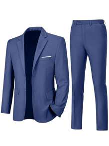 Mens Slim Fit 2-Piece Suit Two Buttons Notched Lapel Solid Suit Jacket Pants Set Tuxedo For Prom Concert Graduation Season Size XS-3XL Men's Spring New Products Suit Sets For Wedding Concert  Graduation Season - 藍色 - 查看 6