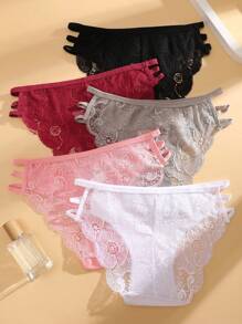 FINETOO 5 件装女士蕾丝花纹拼接腰部镂空透气性感三角裤，女士内衣 - 彩色 - 查看 3