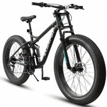 Bicicleta de montaña Mongoose Malus con neumáticos anchos - Ruedas de 26 pulgadas, transmisión de 7 velocidades, cuadro de acero, frenos de disco para hombres y mujeres - Negro - Ver 1
