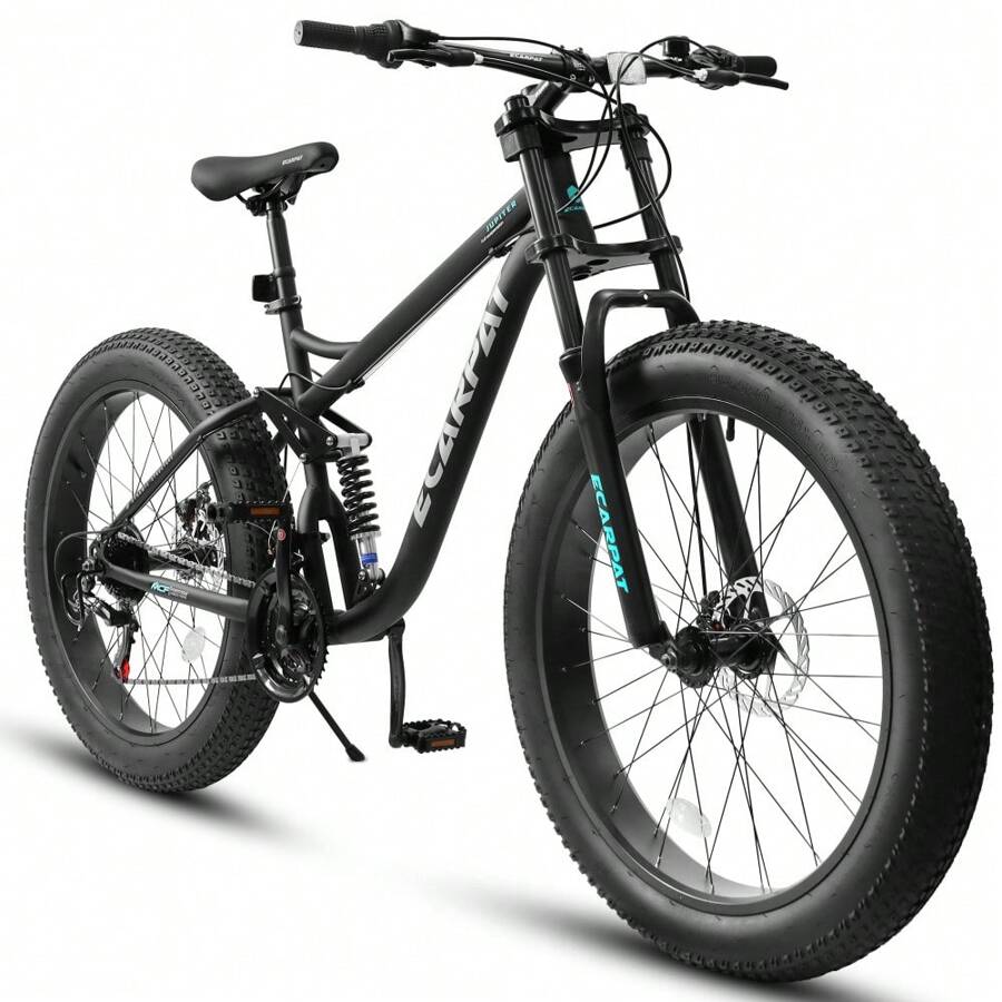 Bicicleta de montaña Mongoose Malus con neumáticos anchos - Ruedas de 26 pulgadas, transmisión de 7 velocidades, cuadro de acero, frenos de disco para hombres y mujeres - Negro - Ver 1