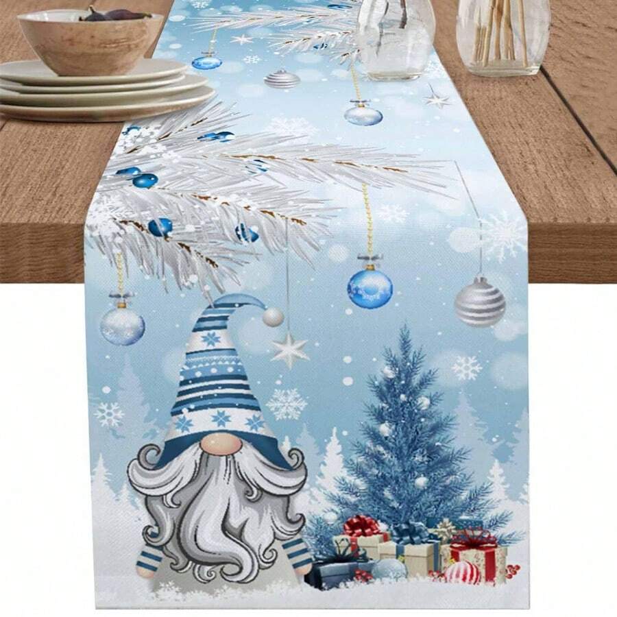 Weihnachtliche blau-weiße Wichtel Weihnachtsbaum Tischläufer, Feiertagsdekoration, Winter Weihnachtsschneeflocken Tischläufer für Küche und Esszimmer, Weihnachtsdekorationen