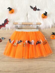 Young Girl Pumpkin & Ghost Sequin Embroidery Mesh Mini Skirt, Halloween - Orange - View 1