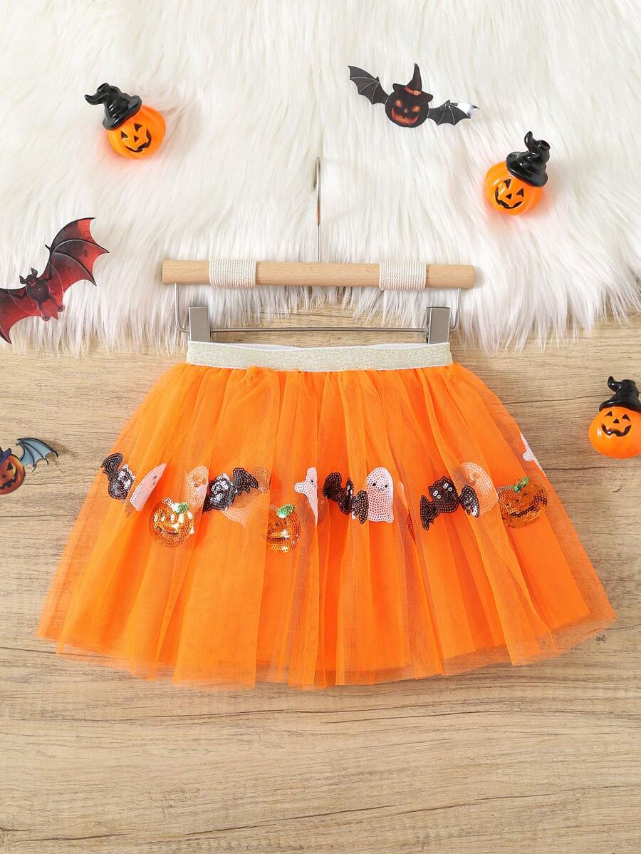Young Girl Pumpkin & Ghost Sequin Embroidery Mesh Mini Skirt, Halloween - Orange - View 1