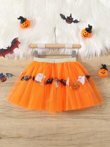 Young Girl Pumpkin & Ghost Sequin Embroidery Mesh Mini Skirt, Halloween - Orange - View 2