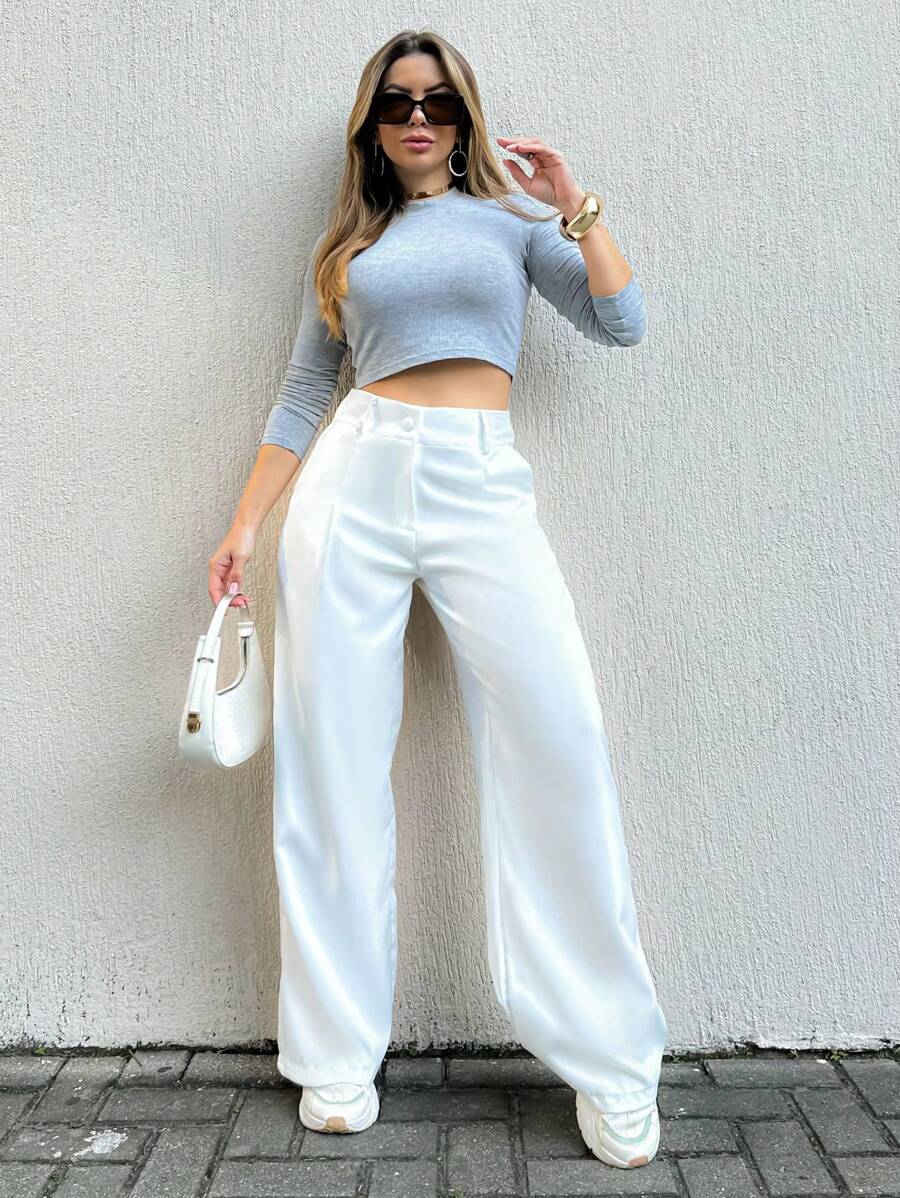 EMILI LLANAMODA Pantalone Pants In Women's Tailored Wide Leg With Pleats Casual Fashion - trắng - Xem 1
