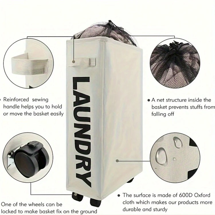 CASEGRACE 1 stuk ultradunne wasmand van Oxford-stof met wielen, staande opbergmand voor in de hoek, waterdichte wasmand, opbergmand voor yogamatten, geschikt voor smalle ruimtes, woondecoratie, kamerdecoratie, opbergorganisatie, wasmand, opbergmand voor de badkamer, mand, opbergmand, opvouwbare wasmand - Grijs - Bekijken 5