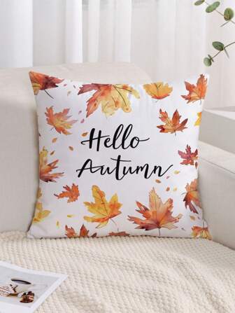 1 件枫叶和字母印花图案装饰枕套，无填充物，简约风格布艺毛绒印花靠垫套，适用于沙发卧室家居装饰