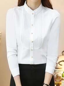 白色长袖抗皱韩版衬衫，正式专业工作服，办公室正装上衣，女士工作衬衫