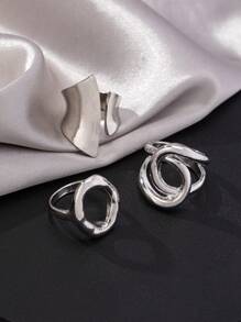 (3pcs/Set) 3pcs Punk Exaggerated Glossy Round Open Rings, Geometric Arched Rings, And Geometric Glossy Criss-Cross Rings Set, European And American Niche Geometric Set - Silver - View 3