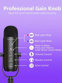 Haomuren 豪穆人usb 麥克風,遊戲麥克風套件,帶吊臂的播客電容usb 麥克風,帶靜音按鈕的超心形麥克風,迴聲音量增益旋鈕,用於手機pc 電腦平板電腦串流媒體錄製的調節顯示器(黑色) - 黑色 - 查看 7