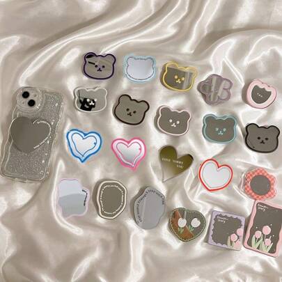 熊形镜子粘性指环支架，化妆/熊/动物/花朵/郁金香/爱心镜面手机支架，兼容 、Android 手机，生日、家庭、朋友礼物，推拉式手机握把，手机配件