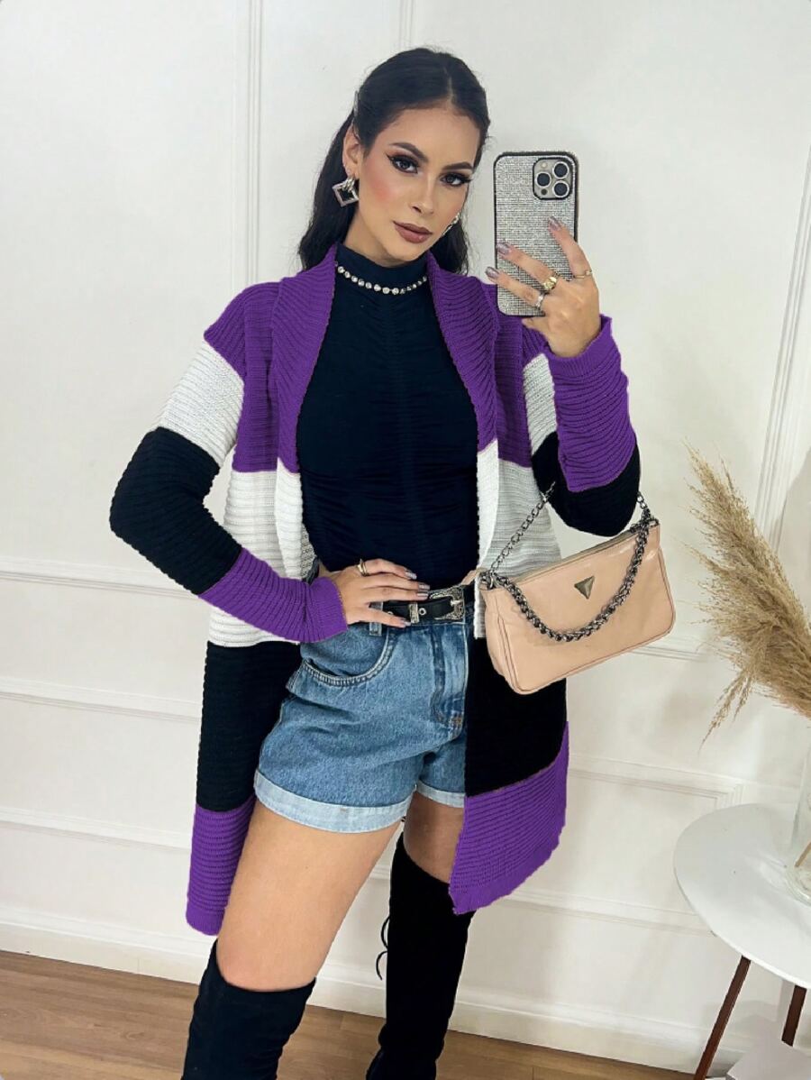 Winter Striped Knit Rib Cardigan - Purple - View 1